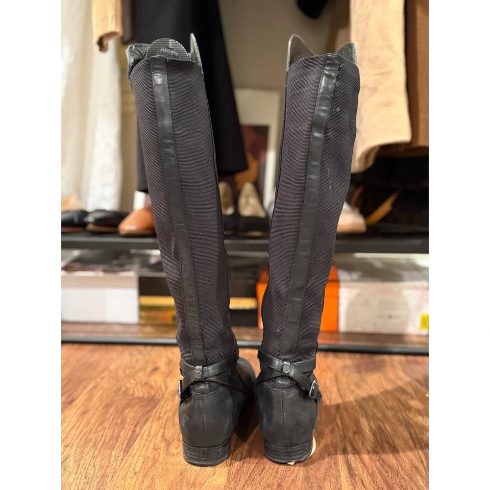 Antonio Melani Black Leather Over The Knee Boots Flat Buckle Strap Womens 7.5M